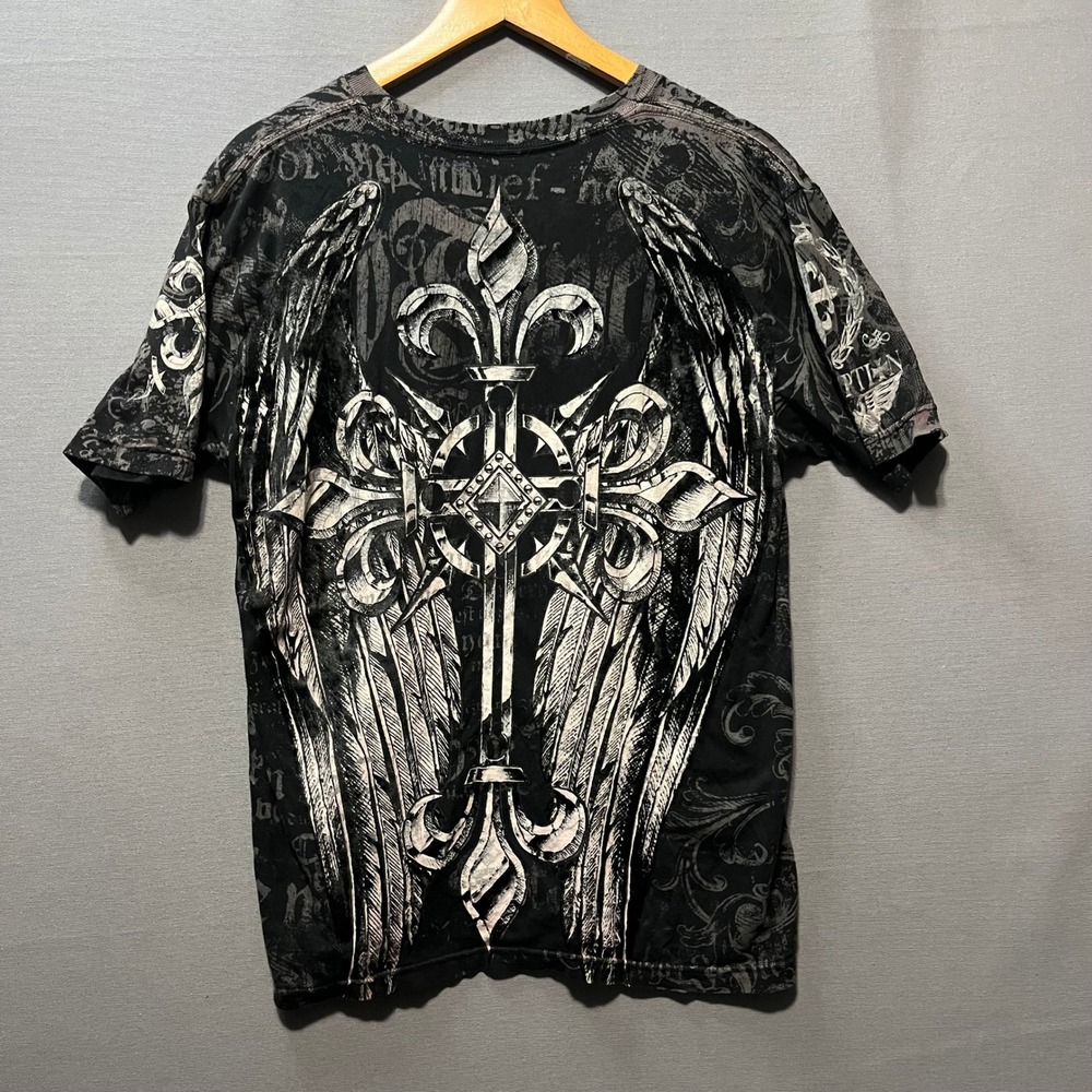 Raw State Premium Mens Small Black Y2K Gothic Cross Winged Graphic T-Shirt
